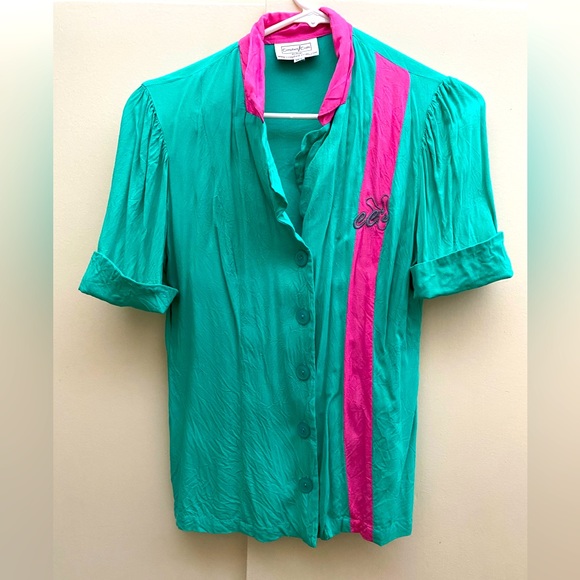 Campbellcrafts Tops - Vintage Green & Pink Button-Front Blouse